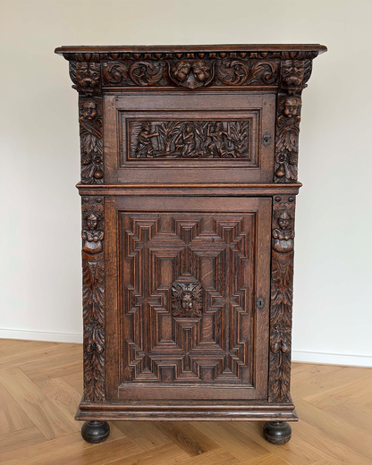 Flemish oak cupboard c 19th C. with 17th C. decorative elements