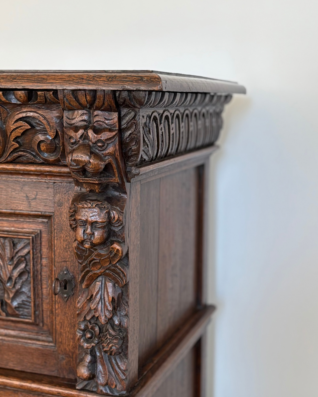 Flemish oak cupboard c 19th C. with 17th C. decorative elements