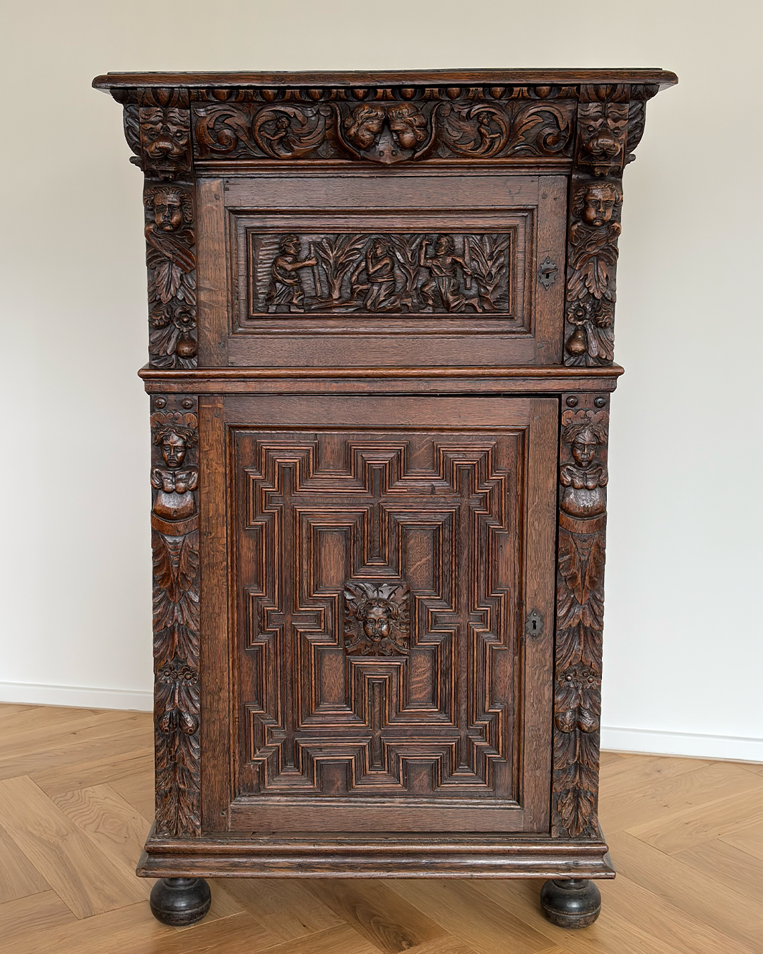 Flemish oak cupboard c 19th C. with 17th C. decorative elements