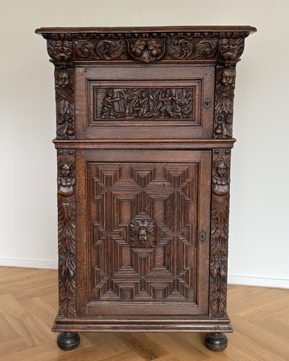 Flemish oak cupboard c 19th C. with 17th C. decorative elements