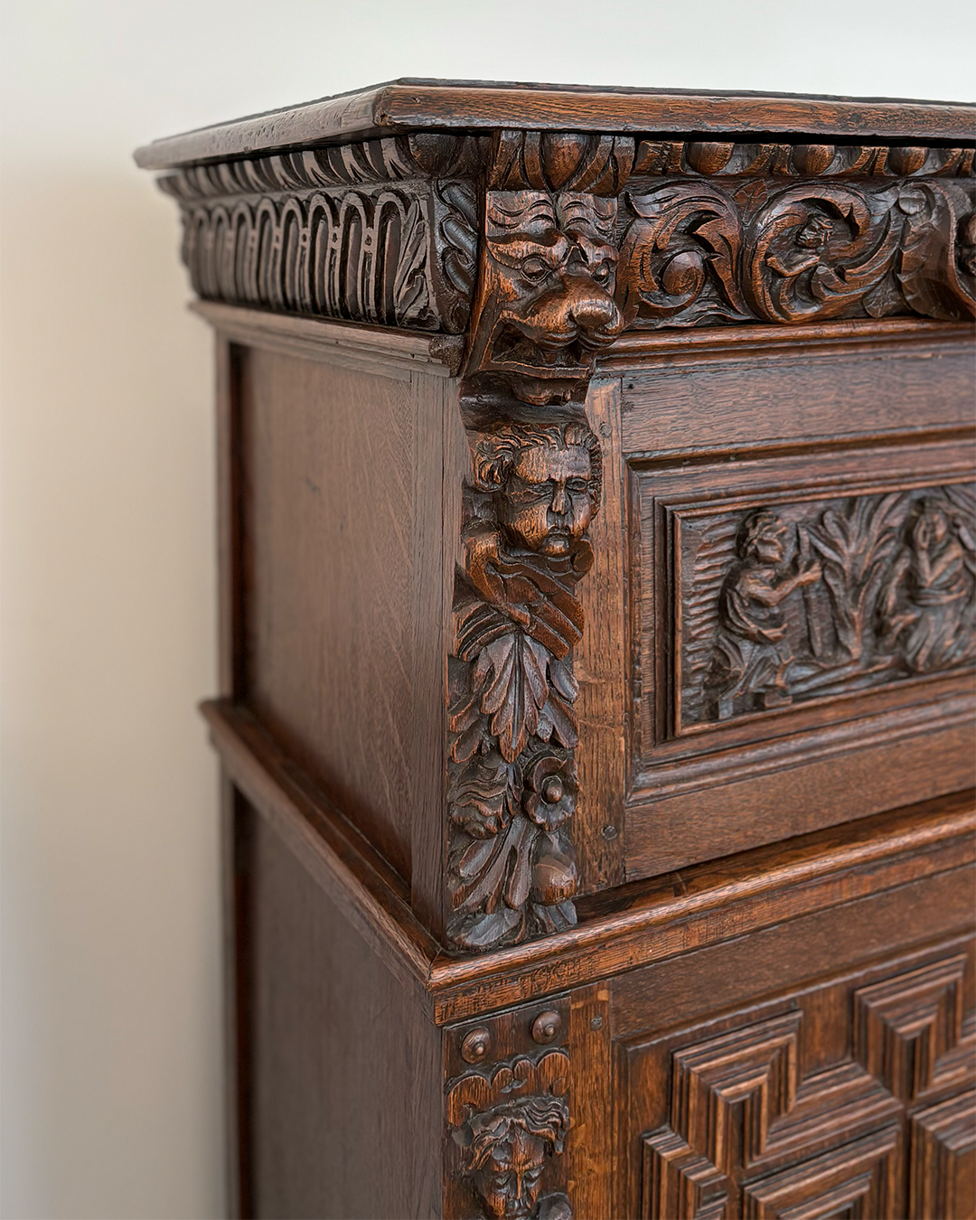 Flemish oak cupboard c 19th C. with 17th C. decorative elements