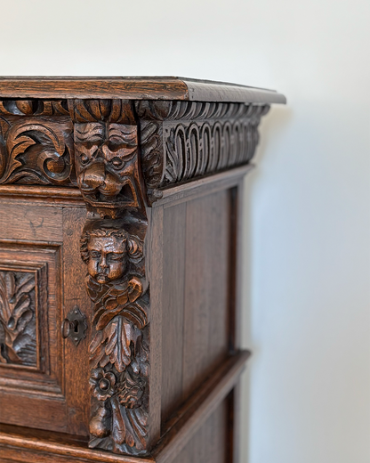 Flemish oak cupboard c 19th C. with 17th C. decorative elements