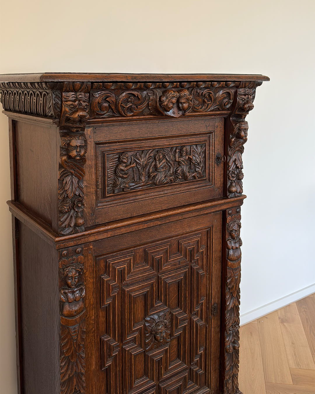 Flemish oak cupboard c 19th C. with 17th C. decorative elements