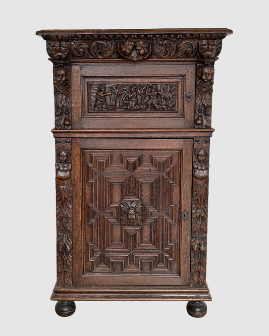 Flemish oak cupboard c 19th C. with 17th C. decorative elements