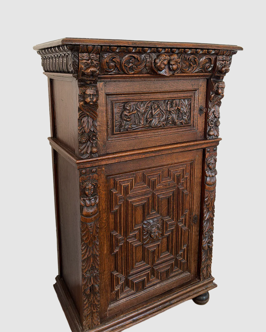 Flemish oak cupboard c 19th C. with 17th C. decorative elements